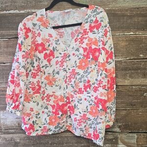 Liz Claiborne White Floral Button-Front Blouse with Pink & Orange Blooms, Sz 2X